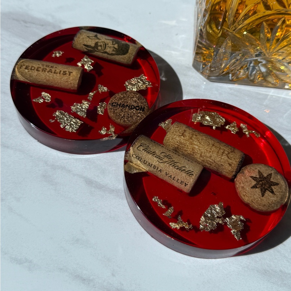 Set of 2 handmade resin translucent Red Wine Cork Coasters with gold leafing.